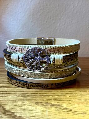 Tree of Life Multi-Strand Leather Wrap Bracelet - Cream